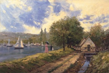 thomas kinkade Painting - Lakeside Stroll Thomas Kinkade